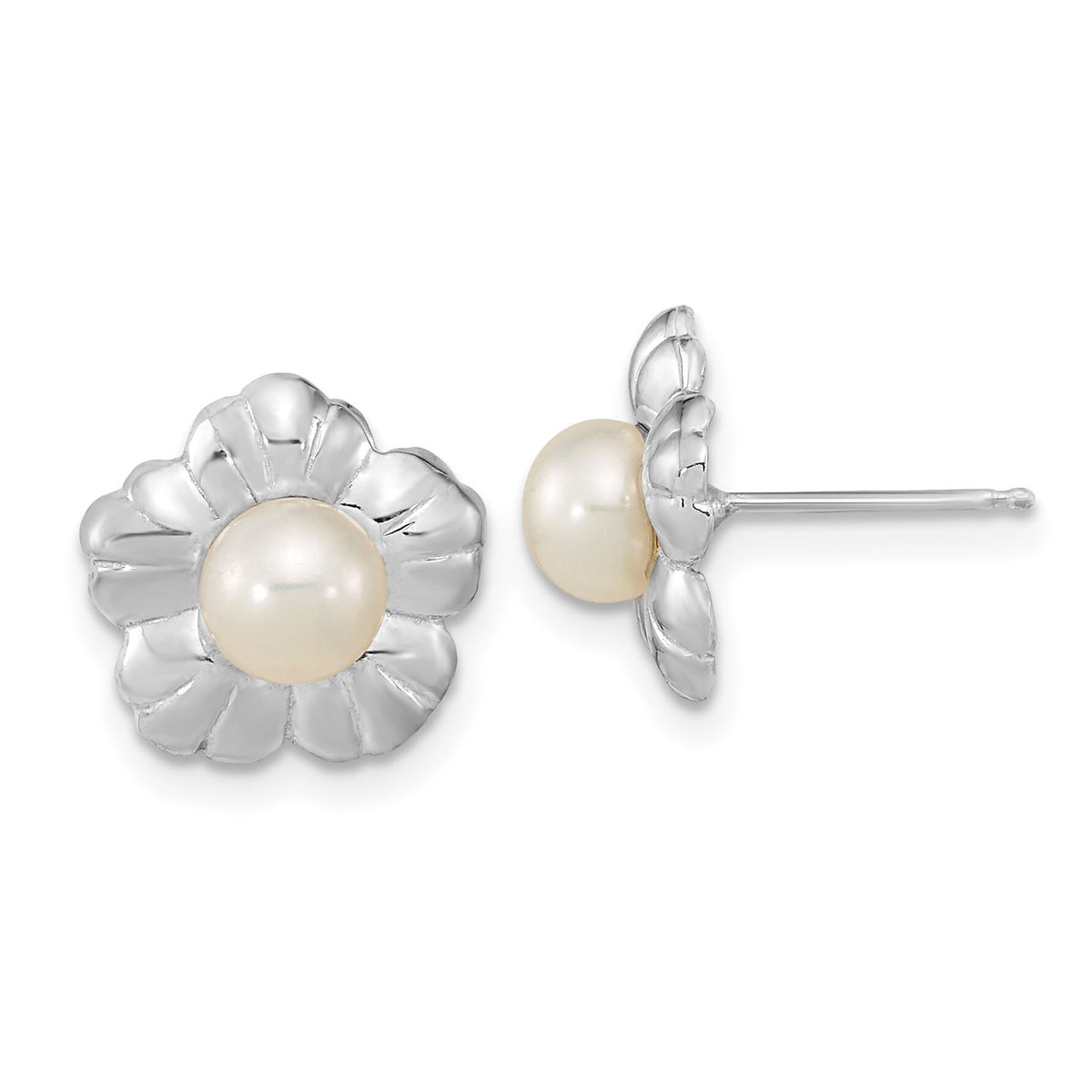 14k White Gold 5-6mm White Button FWC Pearl Flower Post Earrings-XF651E