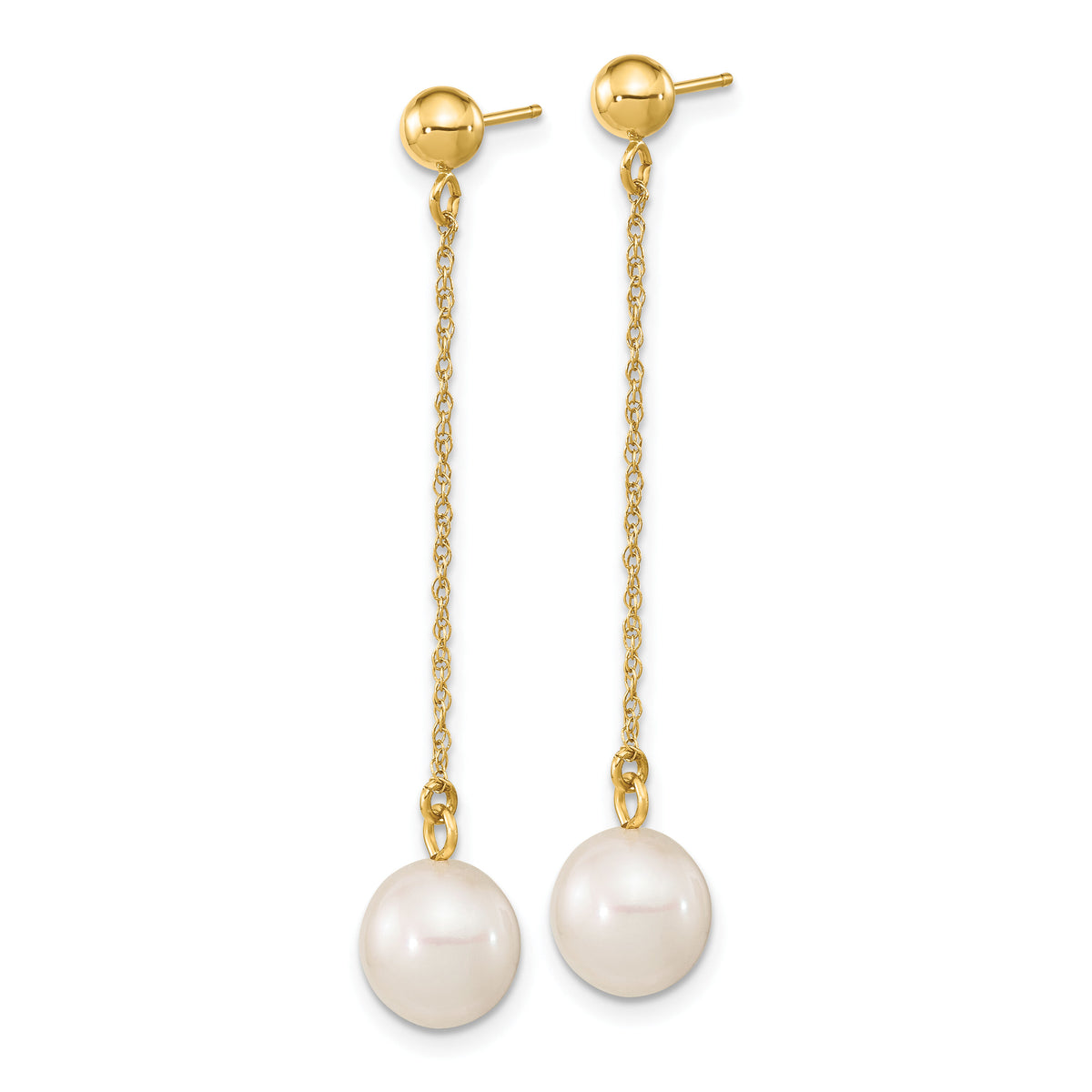 14k 7-8mm White Round Freshwater Cultured Pearl Post Dangle Earrings-XF652E