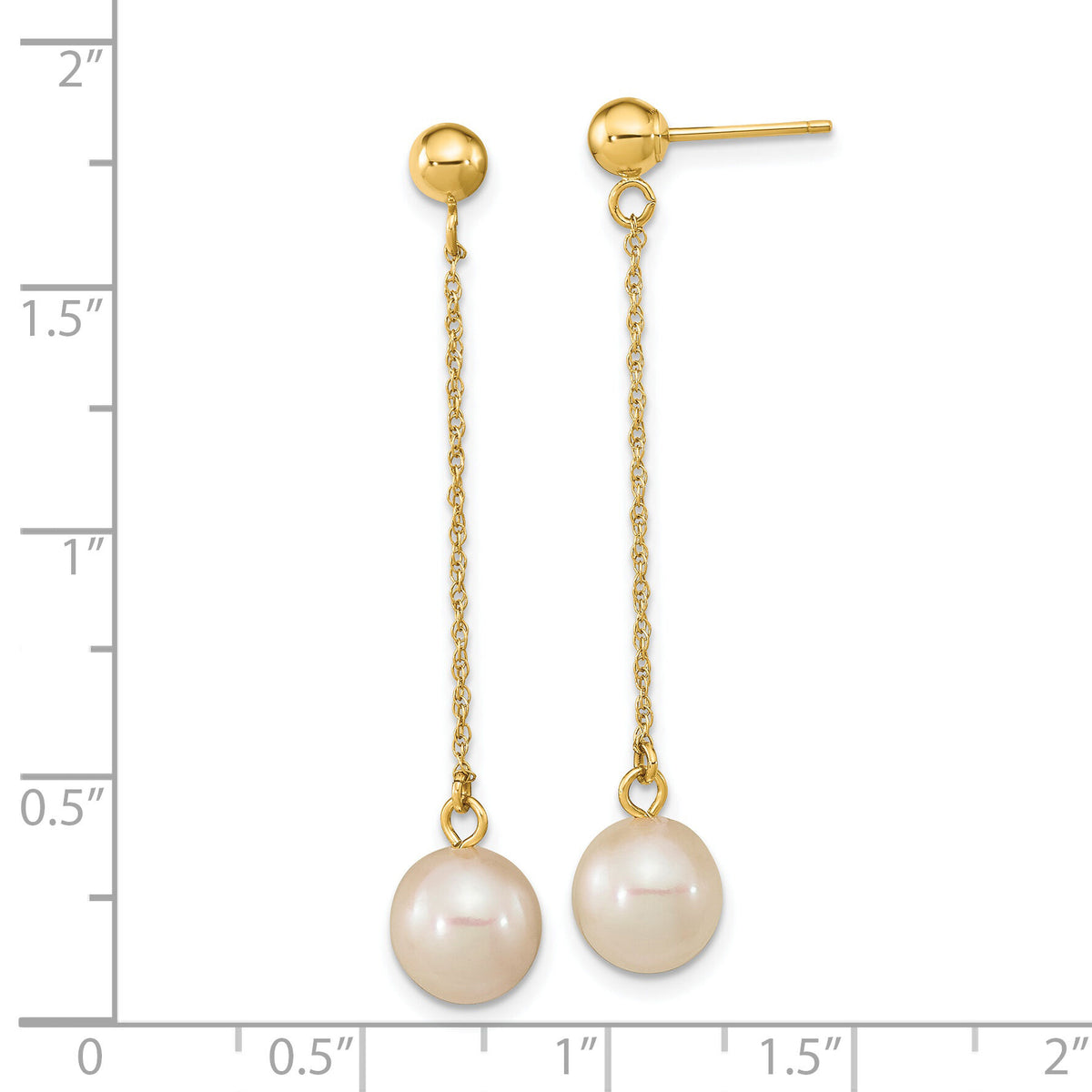 14k 7-8mm White Round Freshwater Cultured Pearl Post Dangle Earrings-XF652E