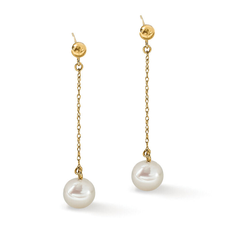 14k 7-8mm White Round Freshwater Cultured Pearl Post Dangle Earrings-XF652E