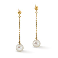 14k 7-8mm White Round Freshwater Cultured Pearl Post Dangle Earrings-XF652E