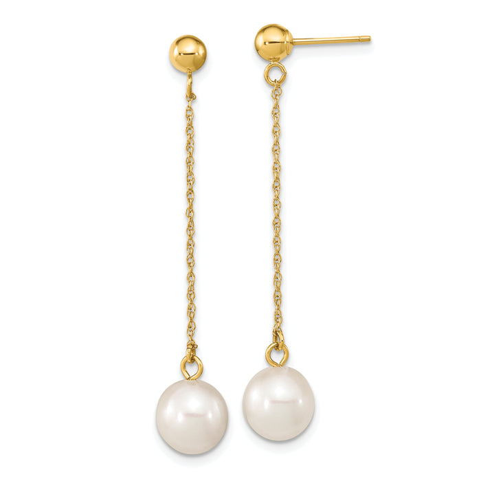 14k 7-8mm White Round Freshwater Cultured Pearl Post Dangle Earrings-XF652E