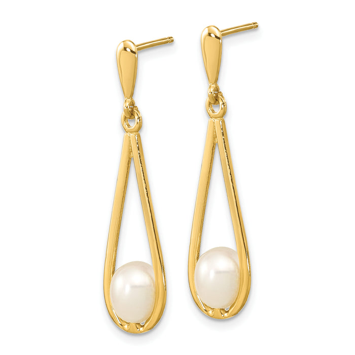 14k 5-6mm White Rice Freshwater Cultured Pearl Post Dangle Earrings-XF668E
