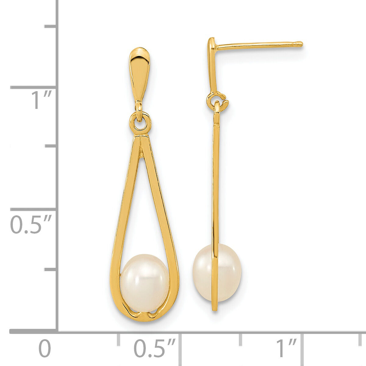 14k 5-6mm White Rice Freshwater Cultured Pearl Post Dangle Earrings-XF668E