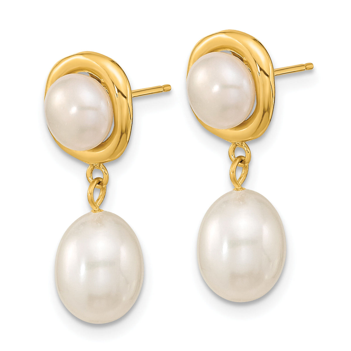 14k 5-7mm White Button/Rice Freshwater Cultured Pearl Dangle Post Earrings-XF669E