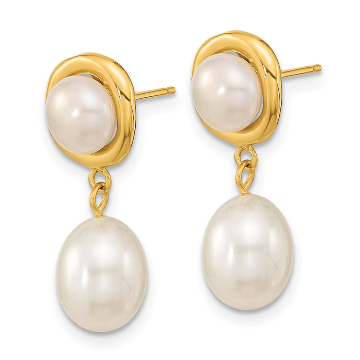 14k 5-7mm White Button/Rice Freshwater Cultured Pearl Dangle Post Earrings-XF669E