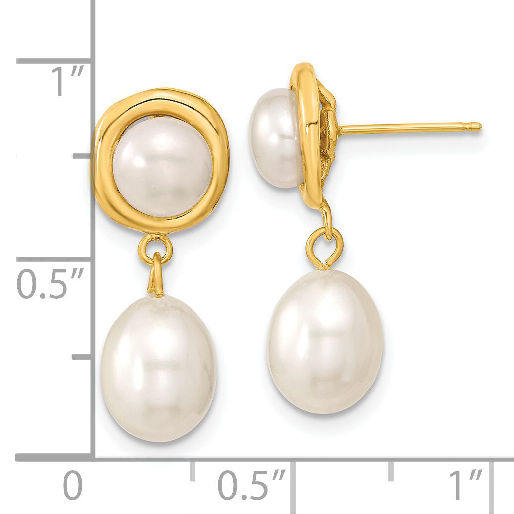 14k 5-7mm White Button/Rice Freshwater Cultured Pearl Dangle Post Earrings-XF669E