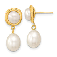 14k 5-7mm White Button/Rice Freshwater Cultured Pearl Dangle Post Earrings-XF669E
