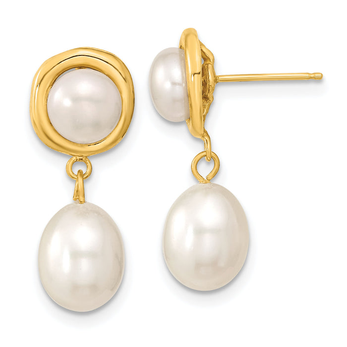 14k 5-7mm White Button/Rice Freshwater Cultured Pearl Dangle Post Earrings-XF669E