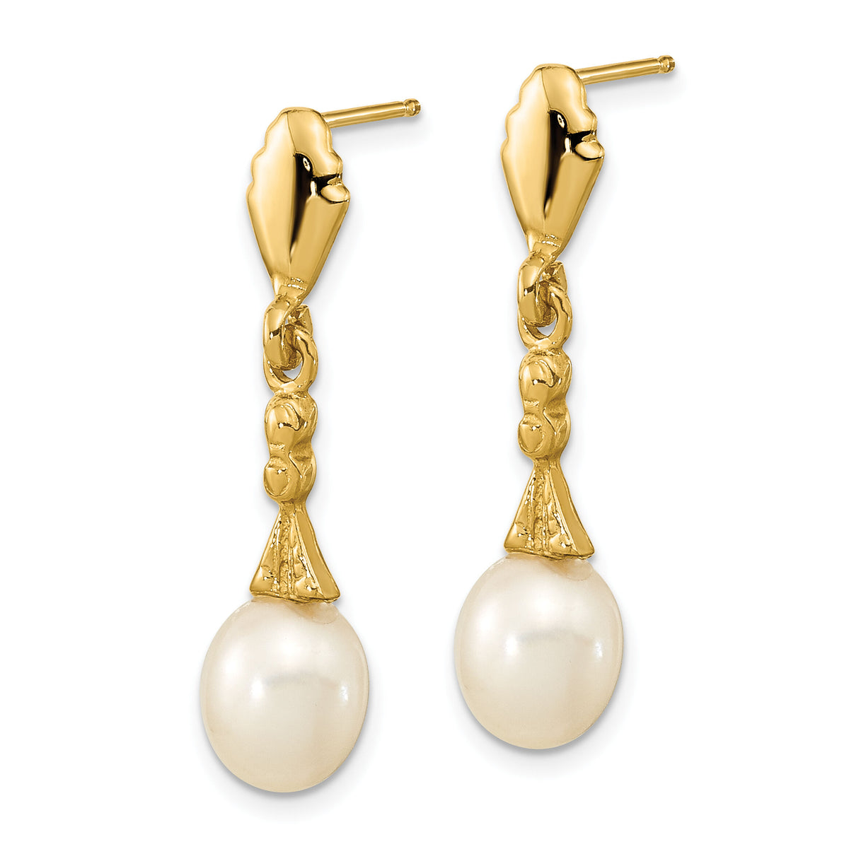 14k 5-6mm White Teardrop Freshwater Cultured Pearl Post Dangle Earrings-XF675E