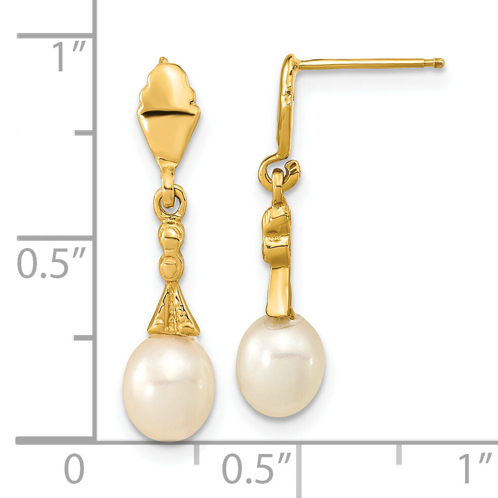 14k 5-6mm White Teardrop Freshwater Cultured Pearl Post Dangle Earrings-XF675E