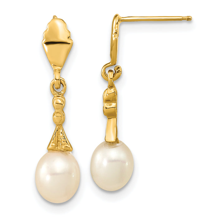 14k 5-6mm White Teardrop Freshwater Cultured Pearl Post Dangle Earrings-XF675E