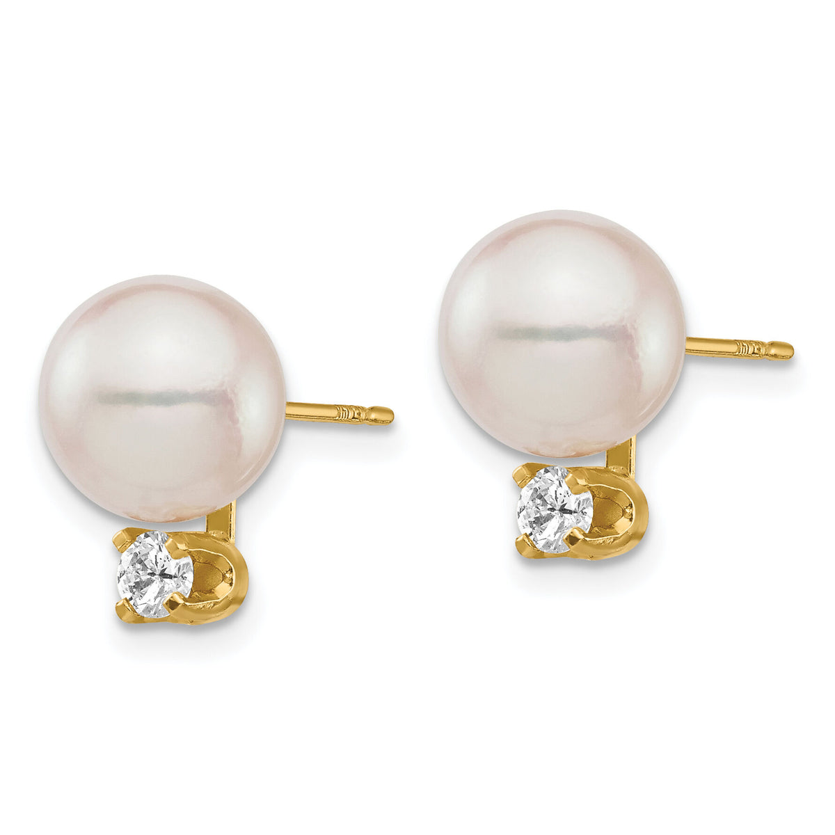 14K 8-9mm White Round Saltwater Akoya Cultured Pearl Diamond Post Earrings-XF682E