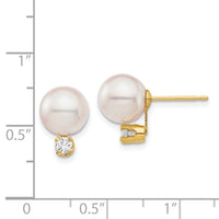 14K 8-9mm White Round Saltwater Akoya Cultured Pearl Diamond Post Earrings-XF682E