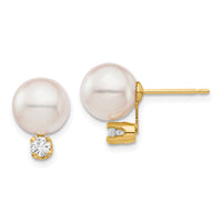 14K 8-9mm White Round Saltwater Akoya Cultured Pearl Diamond Post Earrings-XF682E