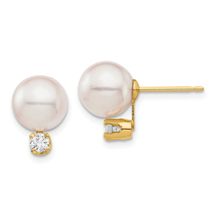 14K 8-9mm White Round Saltwater Akoya Cultured Pearl Diamond Post Earrings-XF682E
