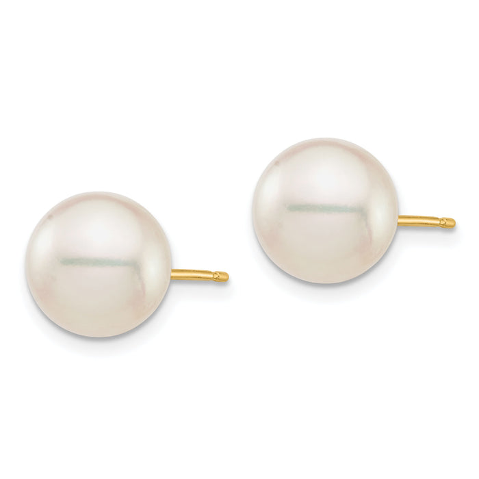 14K 9-10mm White Round Saltwater Akoya Cultured Pearl Stud Post Earrings-XF683E