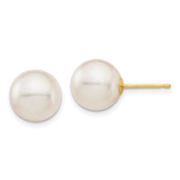 14K 9-10mm White Round Saltwater Akoya Cultured Pearl Stud Post Earrings-XF683E