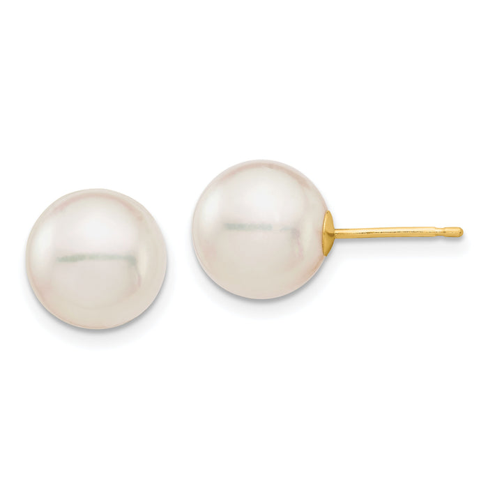14K 9-10mm White Round Saltwater Akoya Cultured Pearl Stud Post Earrings-XF683E