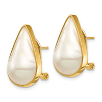 14K 12x20 White Pear Saltwater Cultured Mabe Pearl Omega Back Earrings-XF684E