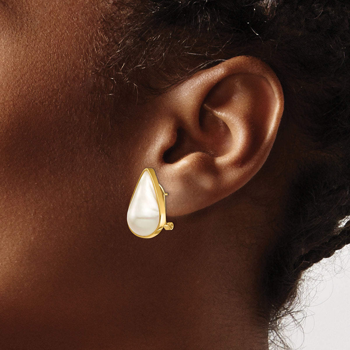14K 12x20 White Pear Saltwater Cultured Mabe Pearl Omega Back Earrings-XF684E