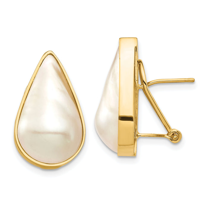 14K 12x20 White Pear Saltwater Cultured Mabe Pearl Omega Back Earrings-XF684E