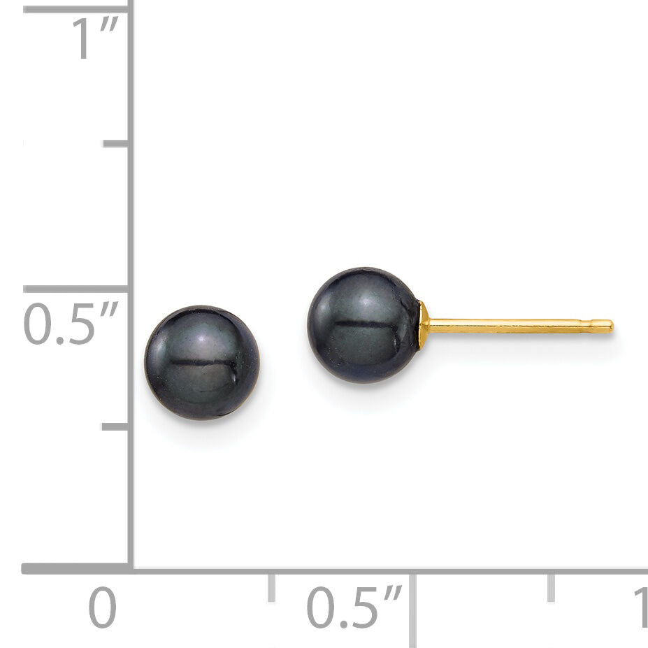 14K 5-6mm Round Black Saltwater Akoya Cultured Pearl Stud Post Earrings-XF689E