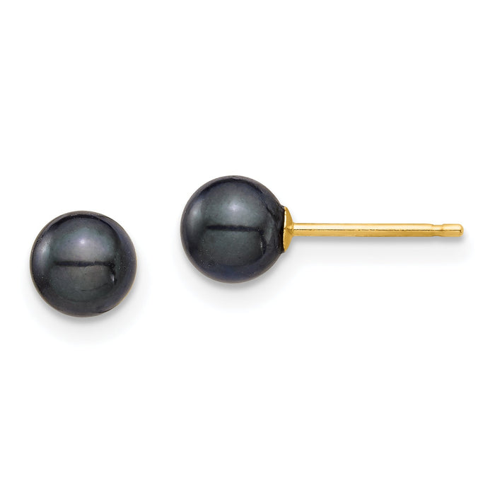14K 5-6mm Round Black Saltwater Akoya Cultured Pearl Stud Post Earrings-XF689E