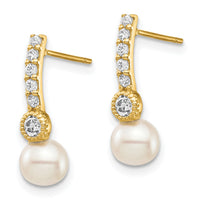 14K 6mm White Semi-round Freshwater Cultured Pearl CZ Post Drop Earrings-XF692E