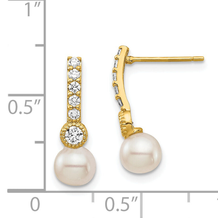 14K 6mm White Semi-round Freshwater Cultured Pearl CZ Post Drop Earrings-XF692E