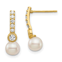 14K 6mm White Semi-round Freshwater Cultured Pearl CZ Post Drop Earrings-XF692E