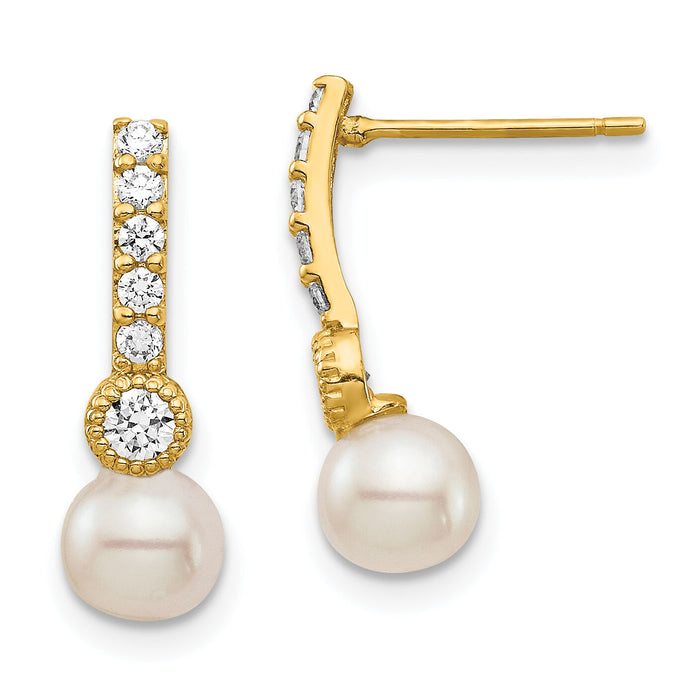 14K 6mm White Semi-round Freshwater Cultured Pearl CZ Post Drop Earrings-XF692E