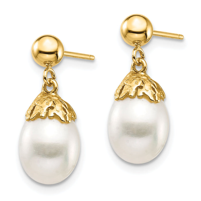 14K 7-8mm White Rice Freshwater Cultured Pearl Post Dangle Earrings-XF693E