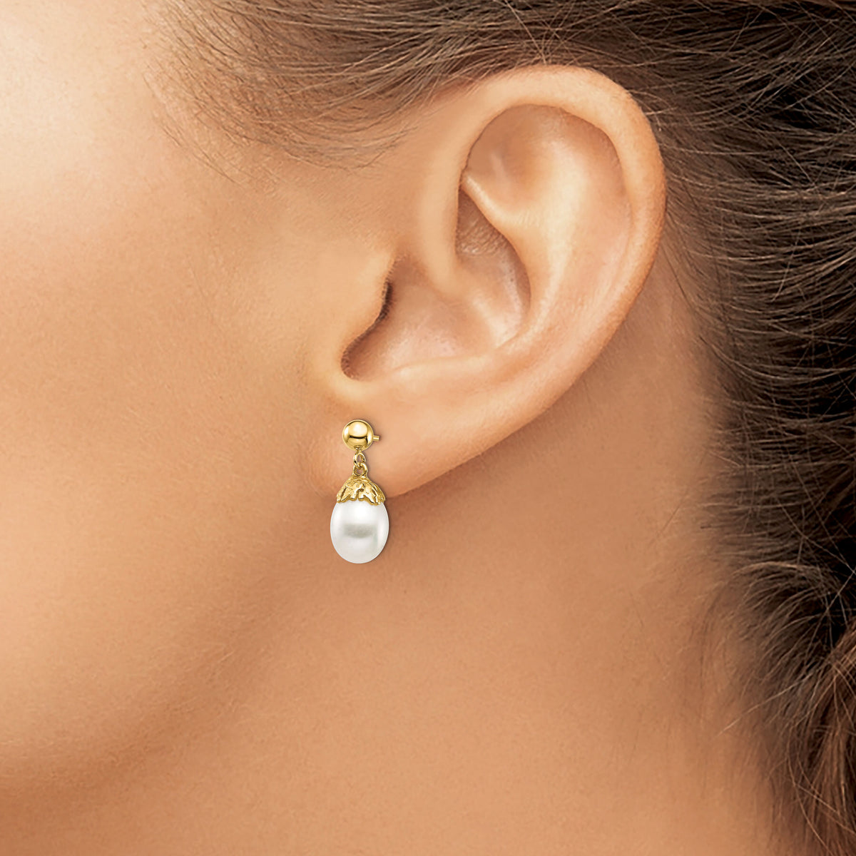 14K 7-8mm White Rice Freshwater Cultured Pearl Post Dangle Earrings-XF693E