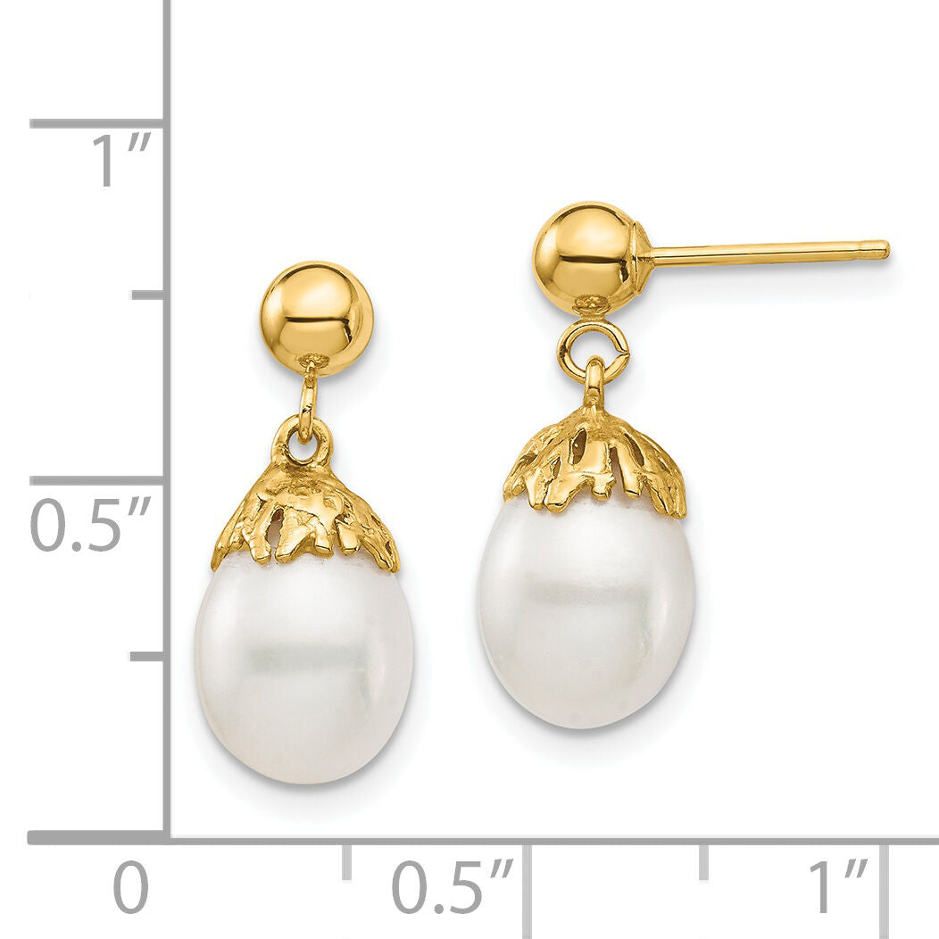 14K 7-8mm White Rice Freshwater Cultured Pearl Post Dangle Earrings-XF693E