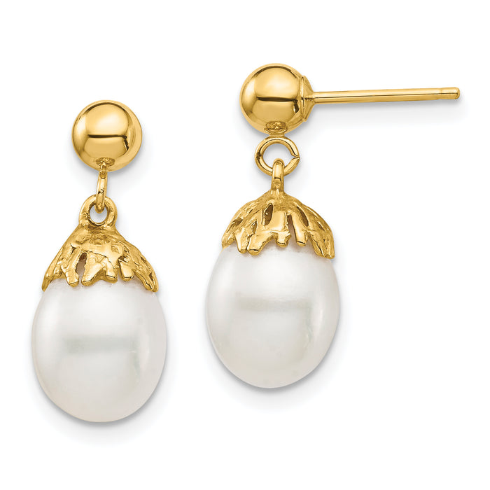 14K 7-8mm White Rice Freshwater Cultured Pearl Post Dangle Earrings-XF693E