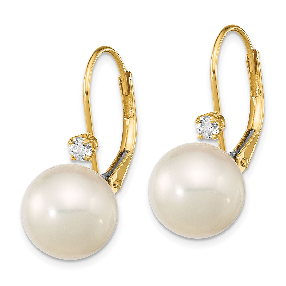 14K 9-9.5mm White Round FWC Pearl .10ct Diamond Leverback Earrings-XF699E