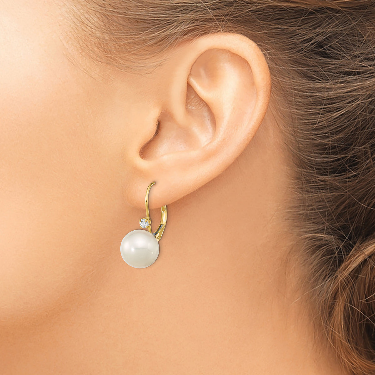14K 9-9.5mm White Round FWC Pearl .10ct Diamond Leverback Earrings-XF699E