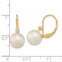 14K 9-9.5mm White Round FWC Pearl .10ct Diamond Leverback Earrings-XF699E