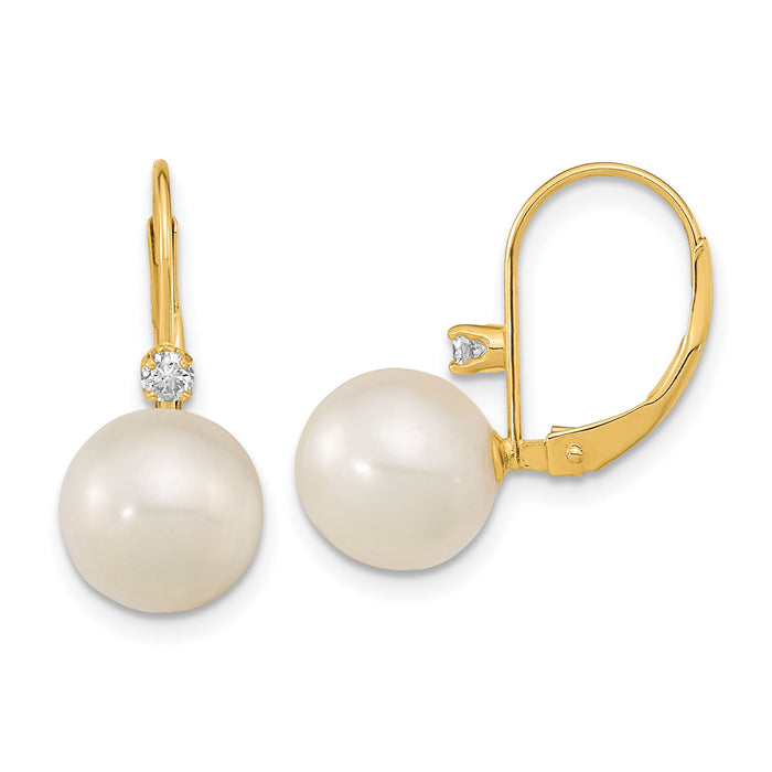 14K 9-9.5mm White Round FWC Pearl .10ct Diamond Leverback Earrings-XF699E