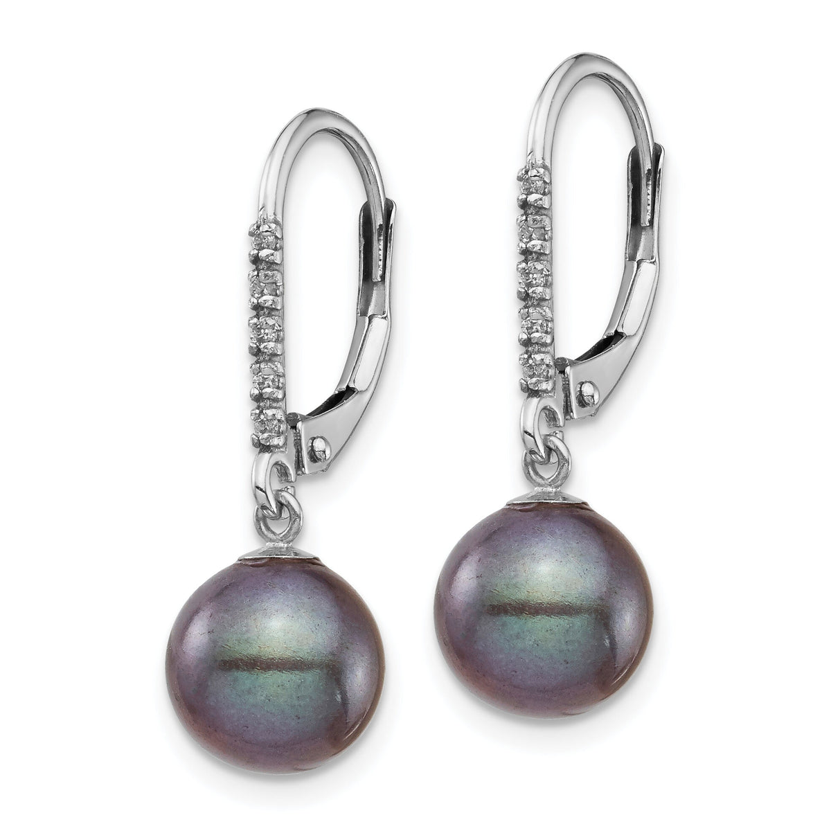 14k White Gold 8-9mm Black FWC Pearl .05ct Diamond Leverback Earrings-XF700E