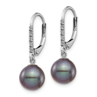 14k White Gold 8-9mm Black FWC Pearl .05ct Diamond Leverback Earrings-XF700E