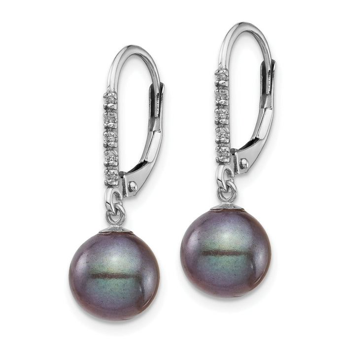 14k White Gold 8-9mm Black FWC Pearl .05ct Diamond Leverback Earrings-XF700E