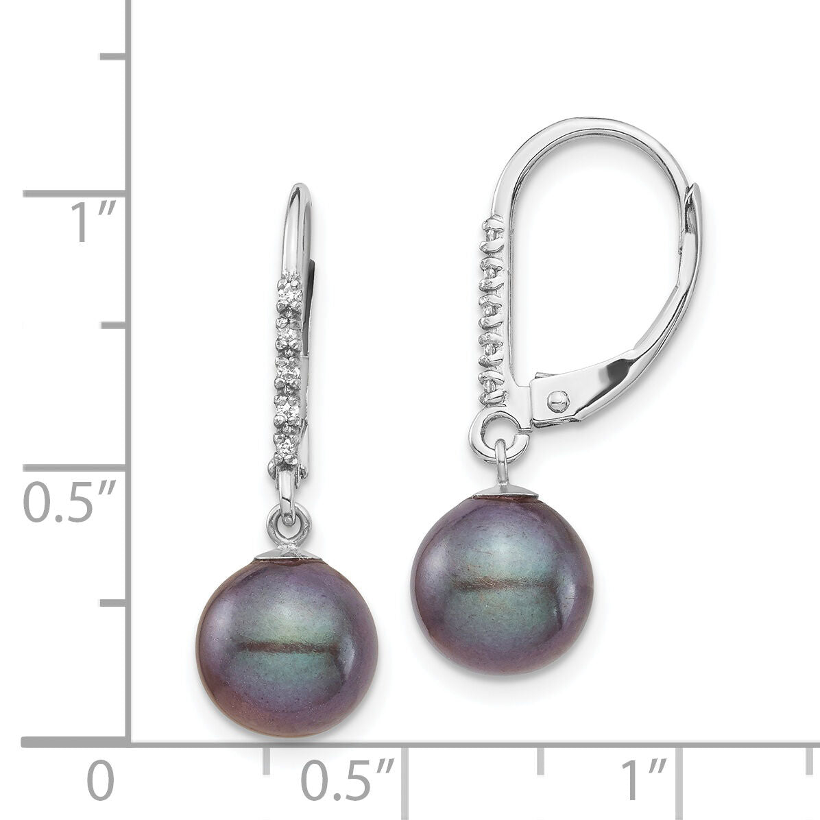 14k White Gold 8-9mm Black FWC Pearl .05ct Diamond Leverback Earrings-XF700E