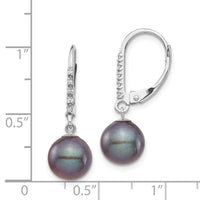 14k White Gold 8-9mm Black FWC Pearl .05ct Diamond Leverback Earrings-XF700E