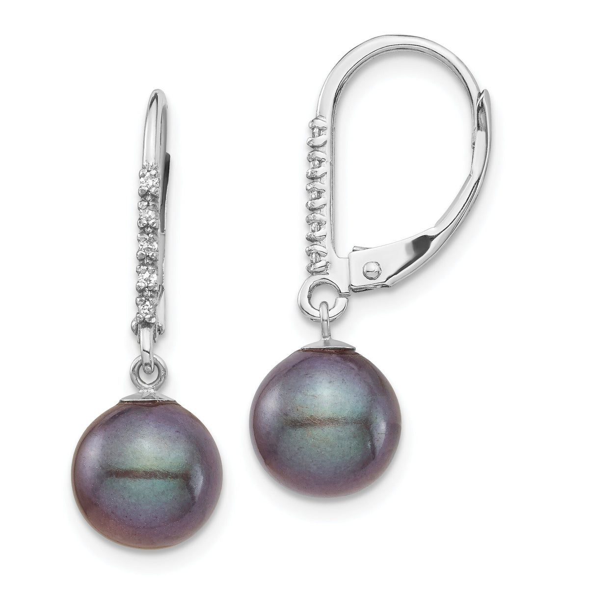 14k White Gold 8-9mm Black FWC Pearl .05ct Diamond Leverback Earrings-XF700E