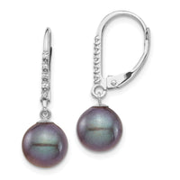 14k White Gold 8-9mm Black FWC Pearl .05ct Diamond Leverback Earrings-XF700E