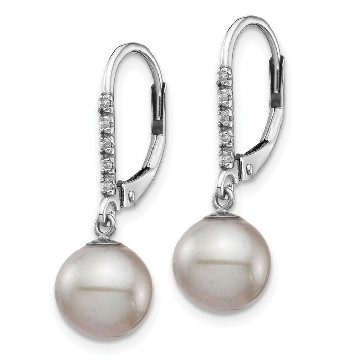 14k White Gold 8-9mm Grey FWC Pearl .05ct Diamond Leverback Earrings-XF701E