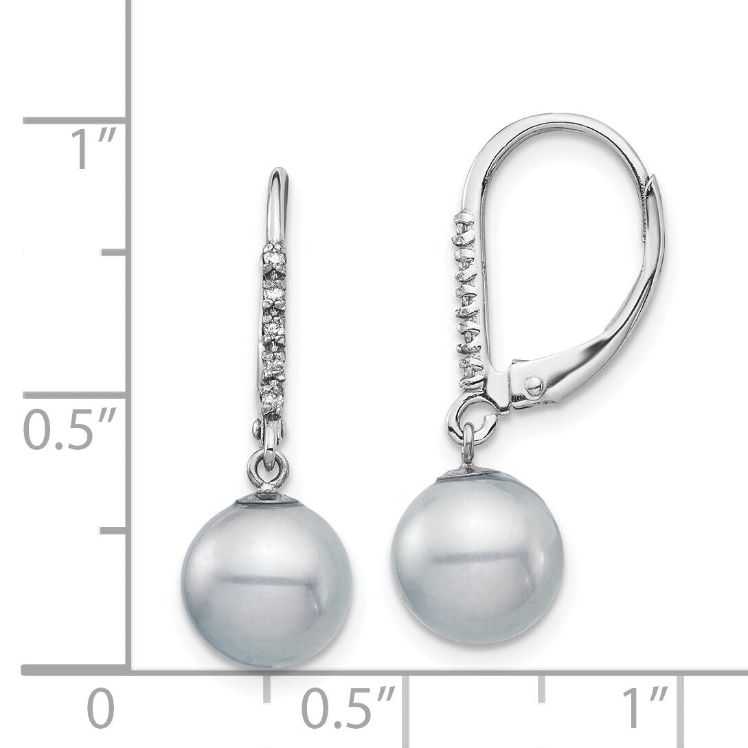 14k White Gold 8-9mm Grey FWC Pearl .05ct Diamond Leverback Earrings-XF701E
