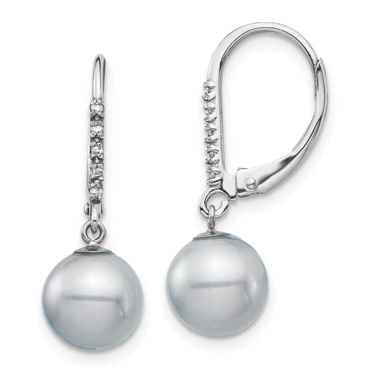 14k White Gold 8-9mm Grey FWC Pearl .05ct Diamond Leverback Earrings-XF701E
